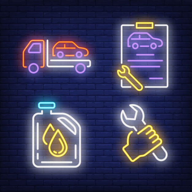 Free vector evacuating car, wrench, clipboard and oil canister neon signs set