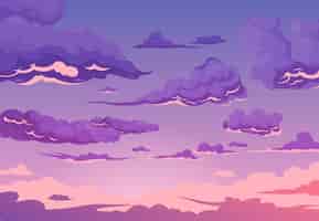 無料ベクター 積雲と巻雲のフラット漫画イラストのグループと夕方曇り空紫の背景