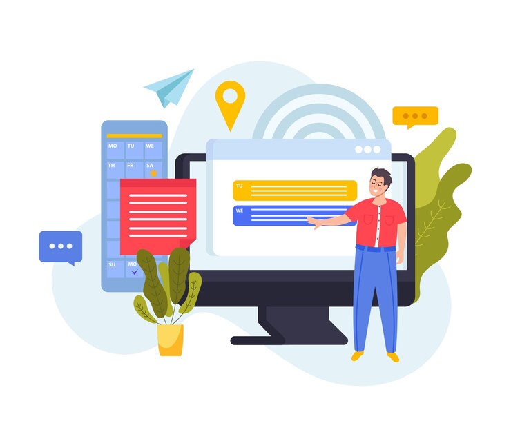 Free Vector event planning flat composition of calendar app location messaging signs chat bubbles computer and worker character vector illustration
