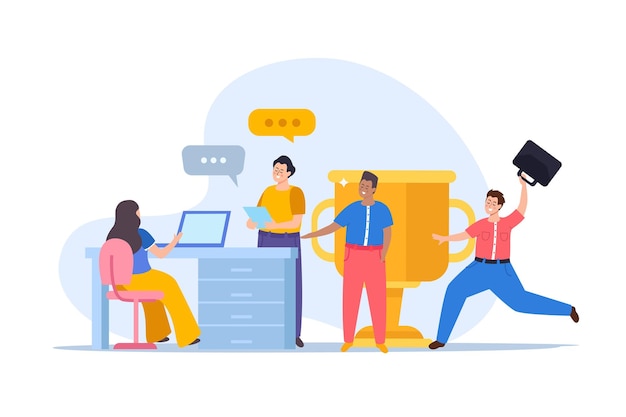 無料ベクター 落書き同僚チームのアイデア トロフィー カップとチャット バブル ベクトル図を表示したイベント計画フラット構成