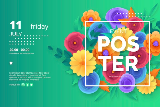 Event poster template with colorful paper cut flowers