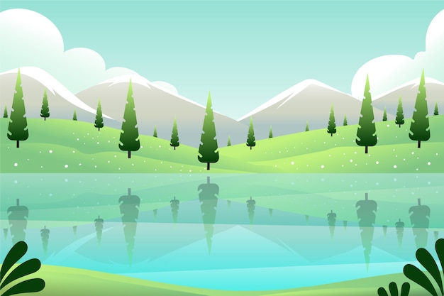 Free vector evergreen trees and lake spring landscape