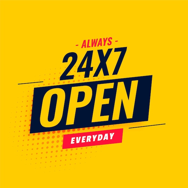 Vettore gratuito modello giallo di servizio aperto tutti i giorni 24 ore su 24 e 7 giorni su 7