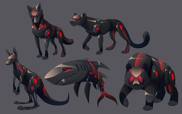 Evil animals robots wolf puma kangaroo shark and grizzly bear robotics mechanical monsters cyborgs with red glowing eyes and black mechanical body cartoon electronic ai zoo machines vector set