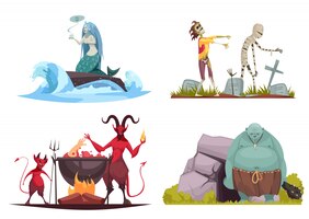 Evil character concept 4 cartoon compositions with wicked sea witch tricking mermaid haunted cemetery isolated