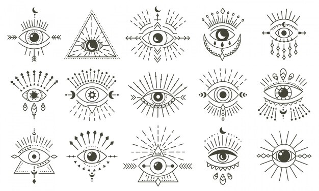 Premium Vector Evil Doodle Eye Hand Drawn Magic Witchcraft Eye Talisman Magical Esoteric Eyes Religion Sacred Geometry Symbols Illustration Icons Set Amulet Talisman Various Luck Souvenir