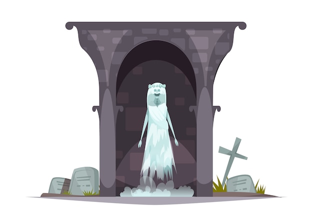 Бесплатное векторное изображение Композиция персонажа из мультфильма «злое кладбище» со страшным привидением в мрачной кладбищенской могиле