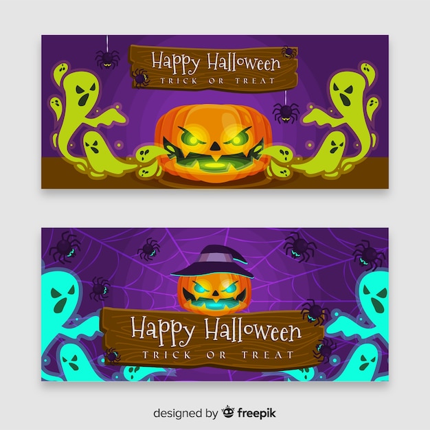 Evil halloween pumpkin banner with flat design