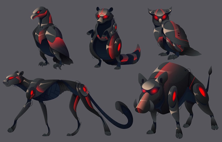Free Vector evil mechanical animals panther owl eagle robot