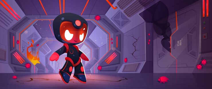 Free Vector evil robot in space ship with fire and flame