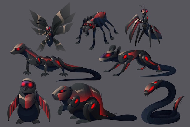 Free vector evil robots animals wasp spider mantis lizard penguin beaver rat and snake mechanical monsters cyborgs insects birds and mammal with glowing red eyes cartoon wicker cyber machines vector set