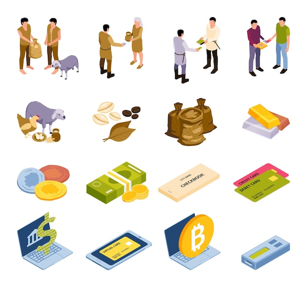 Evolution of money from goods barter to modern paper banknote and electronic bitcoins isometric set isolated vector illustration