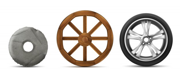 Evolution of stone, wooden and modern wheels