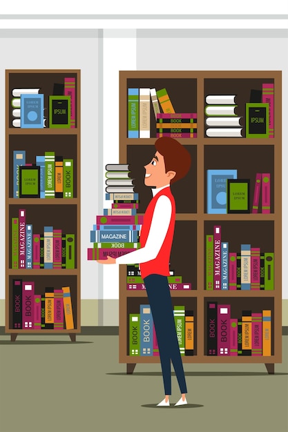 Illustrazione della preparazione degli esami studente universitario intelligente che trasporta libri di testo personaggio dei cartoni animati istruzione adolescente sorridente che tiene libri ragazzo che studia in biblioteca guadagno di conoscenza