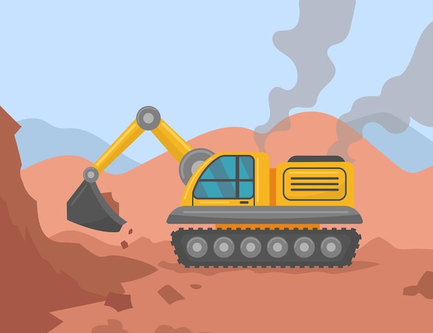 Excavator digging ground on construction site illustration