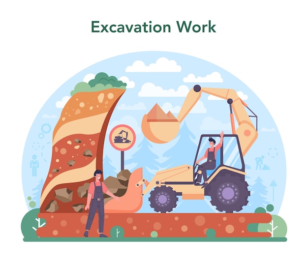 Excavator operator concept Industrial builder at the construction site Driver excavating the land for building foundation or underground work City development Flat vector illustration