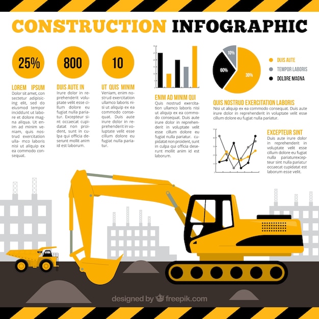 Excavator with yellow infographic elements 