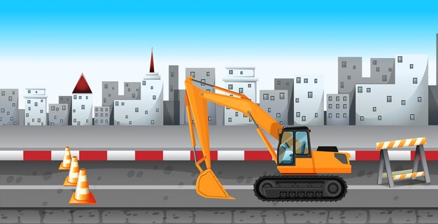 Экскаватор, работающий на дорожном строительстве