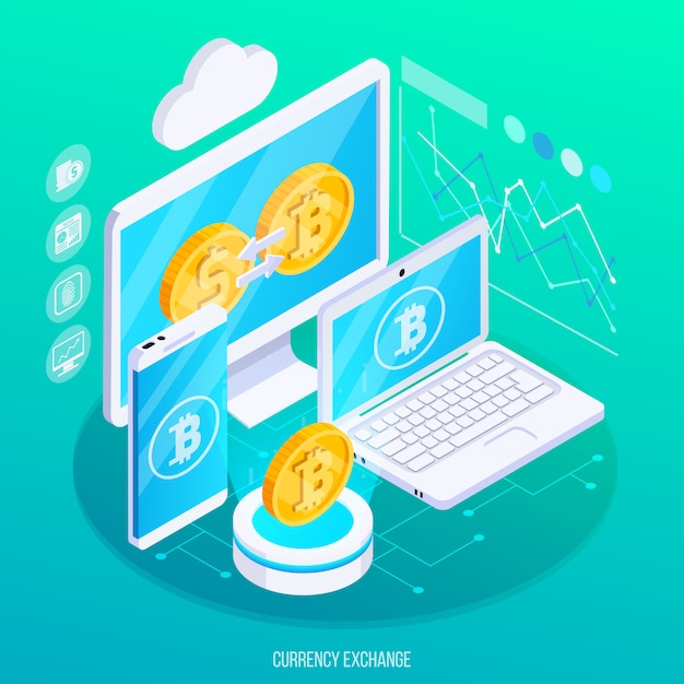 Free vector exchange of virtual currency to real money isometric composition with electronic devices and charts