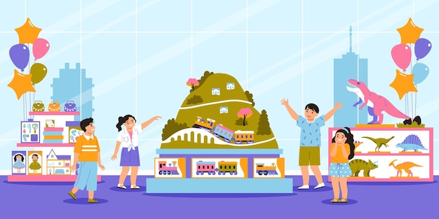 Бесплатное векторное изображение Возбужденные дети смотрят на стенд с поездом в магазине игрушек с плоской векторной иллюстрацией
