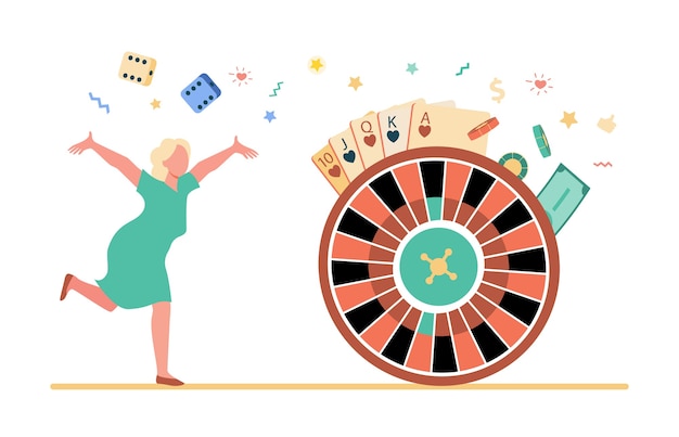 Бесплатное векторное изображение Возбужденная женщина наслаждается победой в игровом автомате. иллюстрация колеса фортуны.