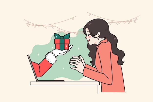 興奮した​若い​女性​の​勝利​は​、​コンピューター上​の​オンライン​クリスマス​宝くじ​で​贈り物​を​取得します​。​大​喜び​の​女の子​は​、​ウェブ上​の​新年​の​セール​取引​や​プロモーション​で​プレゼント​や​勝利​に​陶酔感​を​覚えます​。​ベクトル​イラスト​。