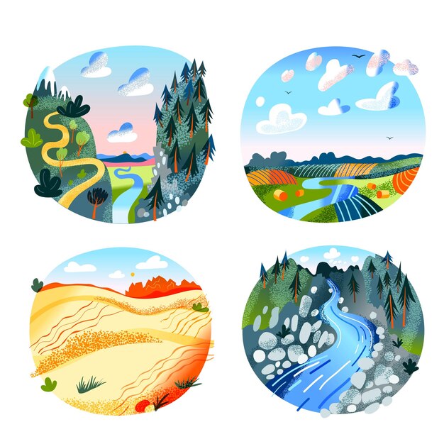 Exciting landscape view in round stamps scene set high mountains suspension bridge alpine landscape of green valley agricultural fields hot desert vegetation in sands rapid stream of river