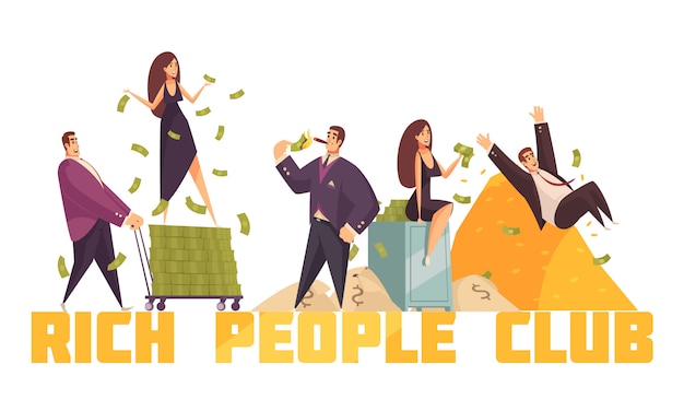 Exclusive rich people celebrities club header with millionaire sliding from money heap horizontal composition cartoon
