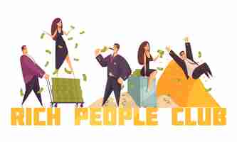 Free vector exclusive rich people celebrities club header with millionaire sliding from money heap horizontal composition cartoon