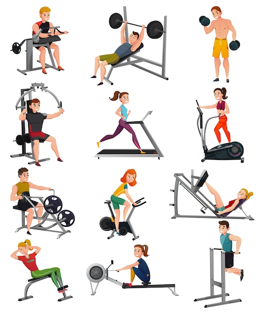 Free vector exercise equipment with people set