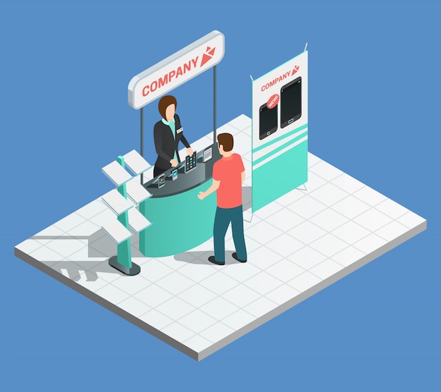 Exhibition promotion composition with isometric stand and female promoter