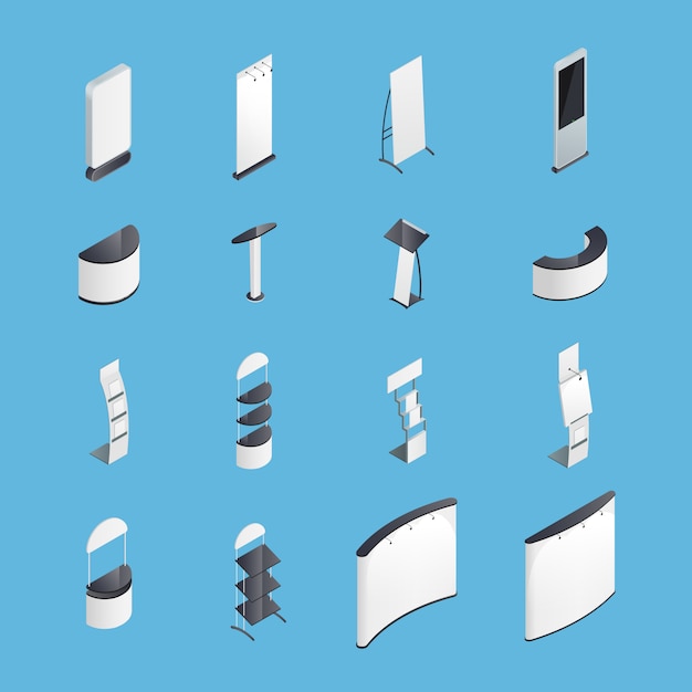 무료 벡터 전시 스탠드 아이소 메트릭 아이콘 세트