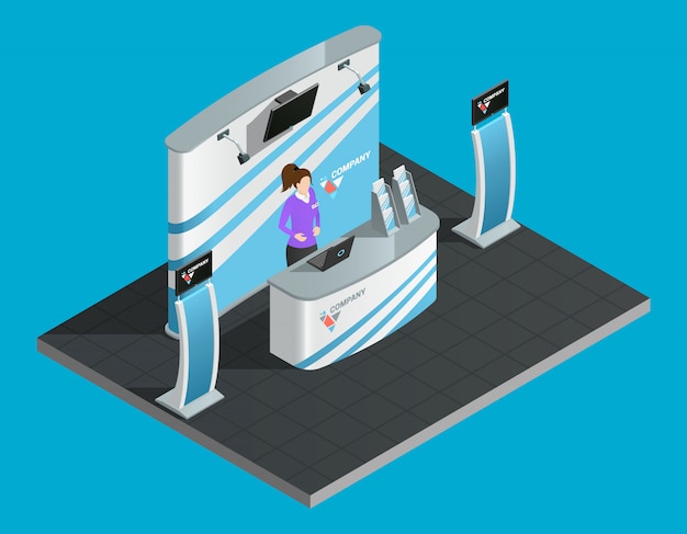 Free vector exibition stand isometric with woman promoter