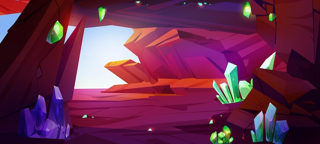 無料ベクター 壁に宝石がある洞窟からの出口 地下鉱山トンネルのベクトル漫画イラスト 端に光がある ダイヤモンドの結晶 洞窟の宝探しの岩石の鉱石 ゲームの背景