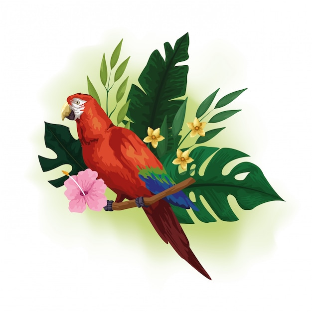 Free vector exotic bird and tropical flowers drawing