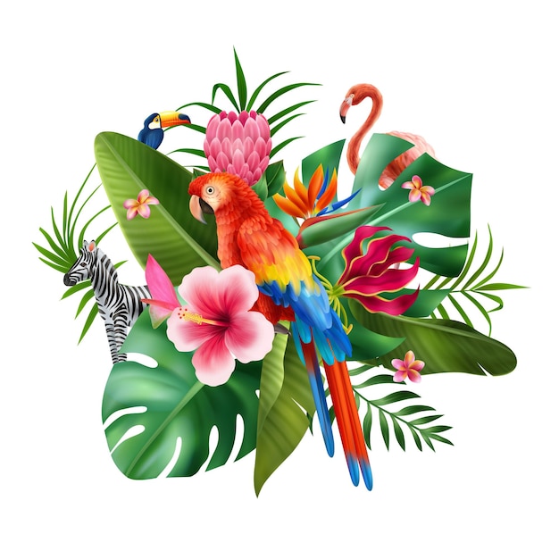 無料ベクター 熱帯の花束のシンボルベクトルイラストとエキゾチックな花の現実的な概念
