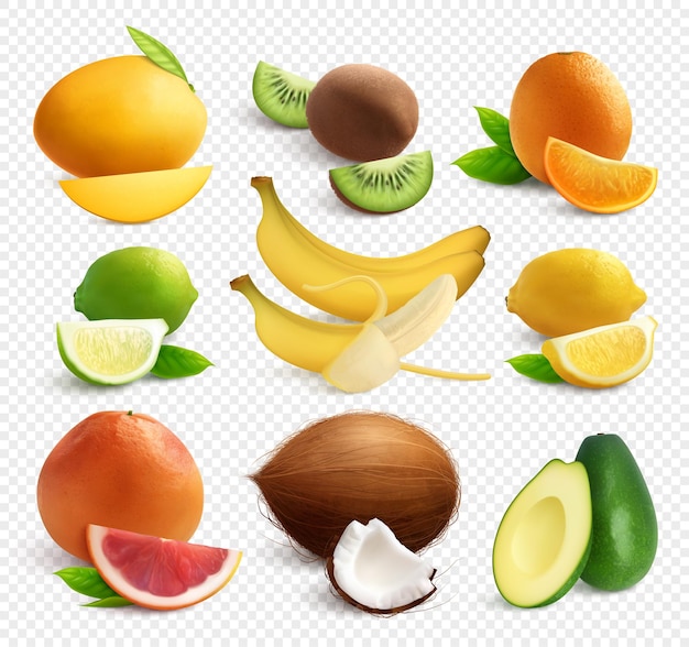 Free vector exotic fruits big set with realistic images of tropical fruits with leaves slices on transparent background vector illustration