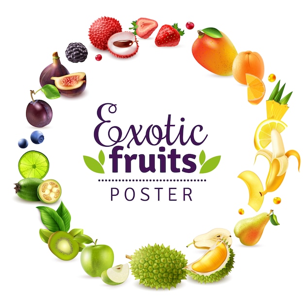 Free vector exotic fruits round rainbow frame