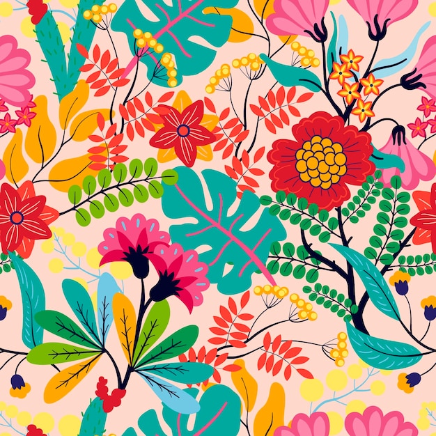 Free vector exotic leaves and flowers pattern