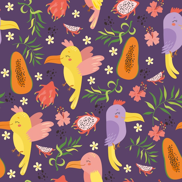 exotic seamless pattern with parrots and fruits