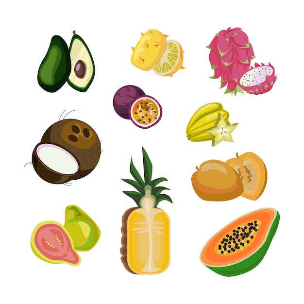 Exotic summer fruits set for vitamin menu. vector illustrations of fresh tropical food. cartoon pineapple mango carambola avocado papaya pitaya coconut isolated on white. superfood, nature concept