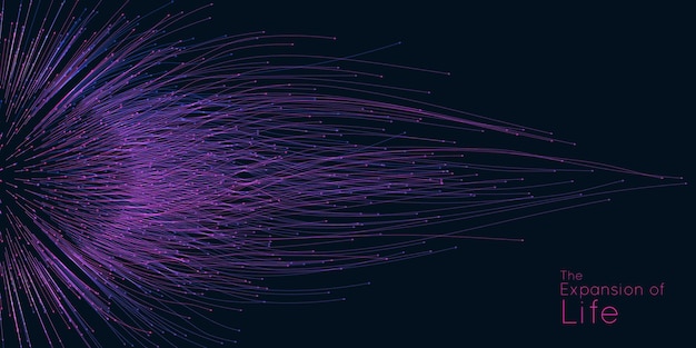 人生の拡大。ベクトル球爆発の背景。小さな粒子は中心から外れて動きます。カラフルなぼやけた破片は、高速の動きの下で光線または線になります。バースト、爆発の背景。