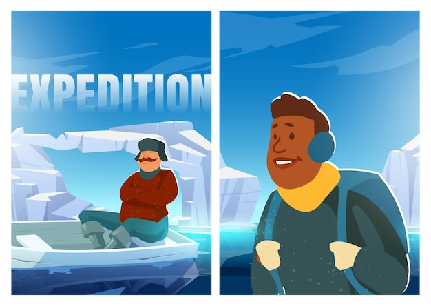 Бесплатное векторное изображение Плакат экспедиции с людьми на леднике в арктике