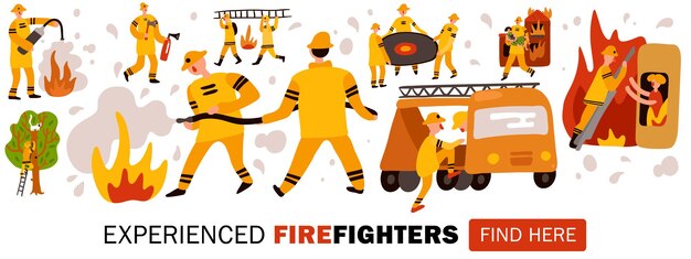 Experienced fire fighters during dangerous work header for web site horizontal flat illustration