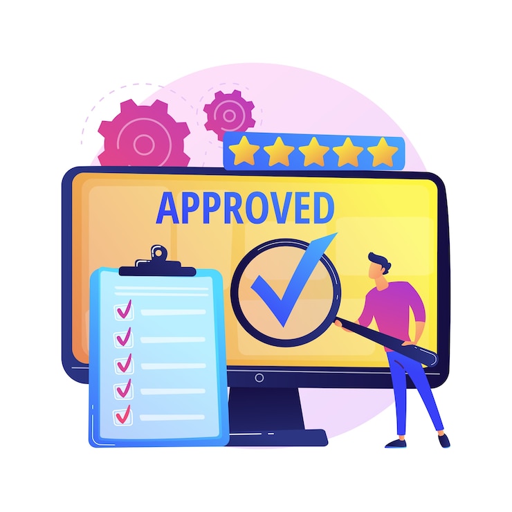 Free Vector expert approved. cartoon character holding checkmark symbol on hand. finished task, done sign. satisfactory, official sanction, acceptance 