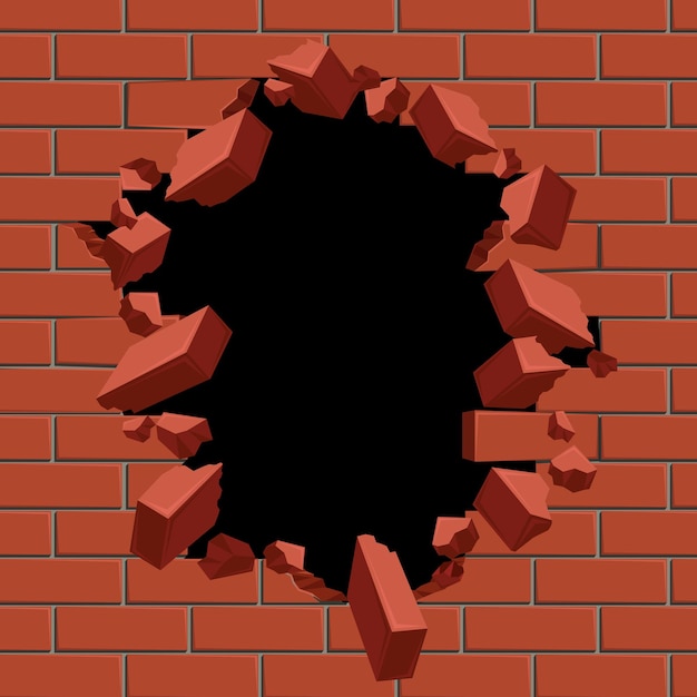 Vettore gratuito foro che esplode nell'illustrazione del muro di mattoni rossi.