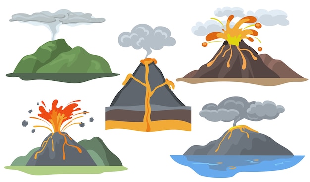 爆発する火山セット。マグマの噴火、溶岩、火、煙、灰のある風景。