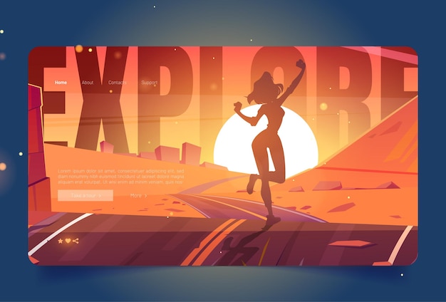 Free vector explore cartoon landing page, woman enjoy travel