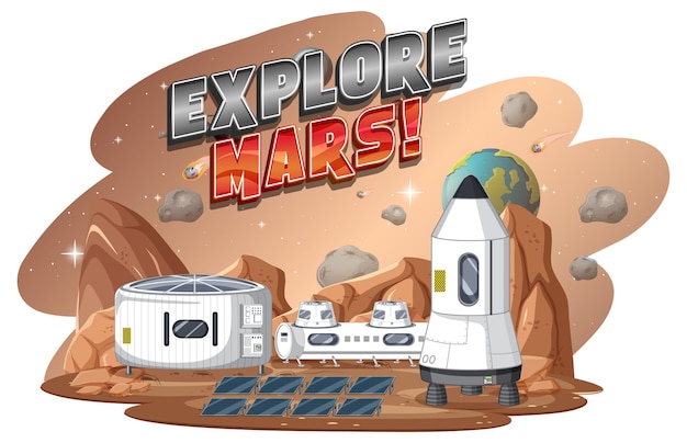 Free vector explore mars word logo design with space station