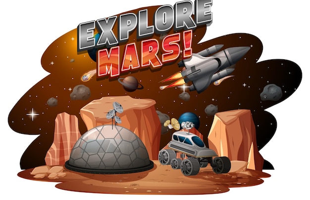 Explore mars word logo with planet